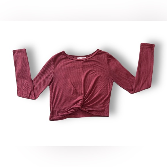 Women’s Burgundy Ribbed Long Sleeve Crop Top w/ Knotted Front | Size Small - Picture 9 of 10